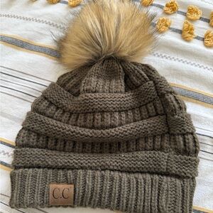 C.C Olive Knit Beanie with Faux Fur Pom